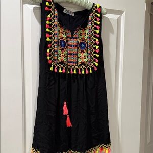 Black Embroidered Tassel Mini Dress with Neon Accents